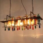 Rectangular wrought-iron chandelier with upside-down bottles