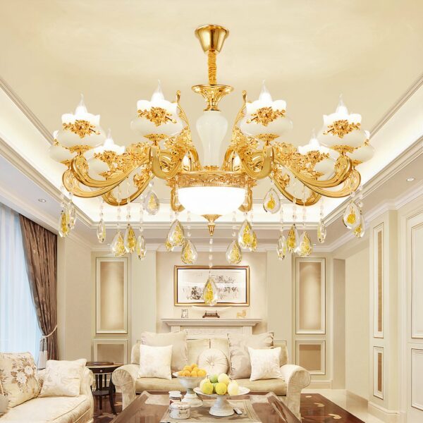 Crystal pendant chandelier with gilded antique design in an antique-style living room