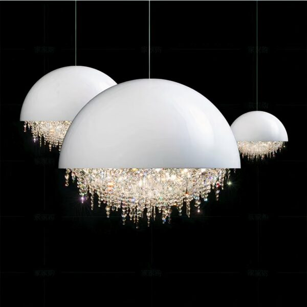 Three white globe chandeliers, half-domed at the top and showered with crystal pearls at the bottom. One in close-up facing us, one in the background on the left and one in the background on the right. On a black background.