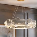 Giant transparent leaf chandelier in a modern, minimalist Nordic design