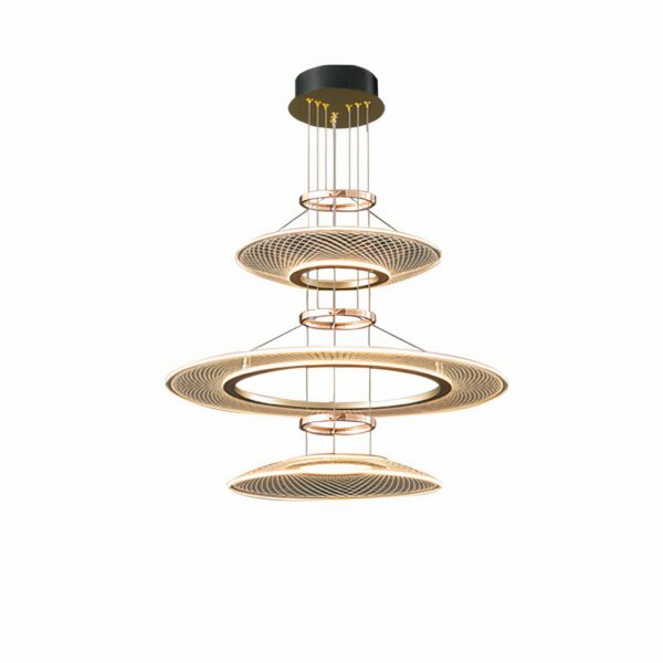 Large suspended chandelier, made up of circles, rings and cables. At the top, a ring, followed by a thin, slightly conical circle upwards, followed by another ring, then a large circle, then another ring, then another slightly conical circle. On a white background.