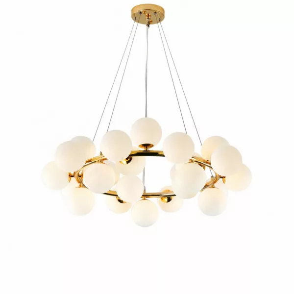 LED cluster suspension with white bubbles and gold structure
