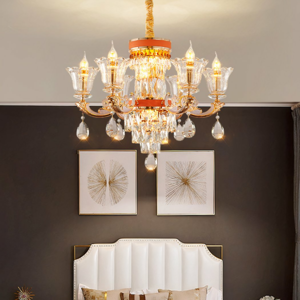Luxurious modern Italian-style chandelier on grey background with two white pictures