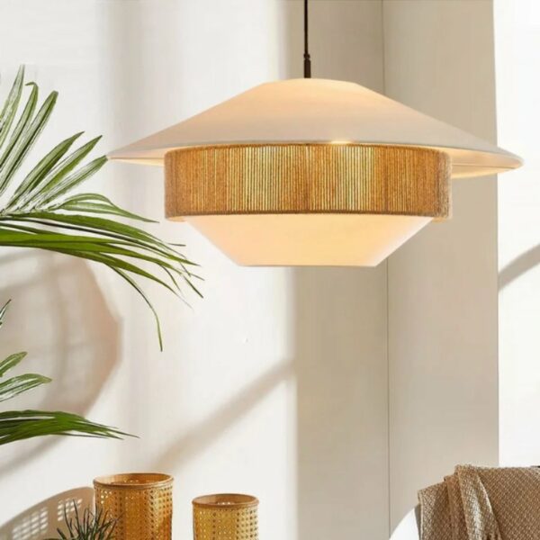 Minimalist Japanese bohemian hanging lamp in hand-woven hemp for a living room
