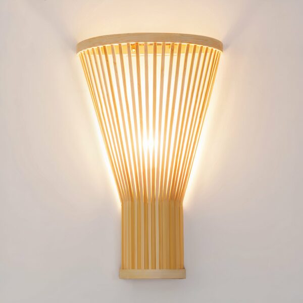 Natural bamboo wall lamp, drum-shaped with white light inside