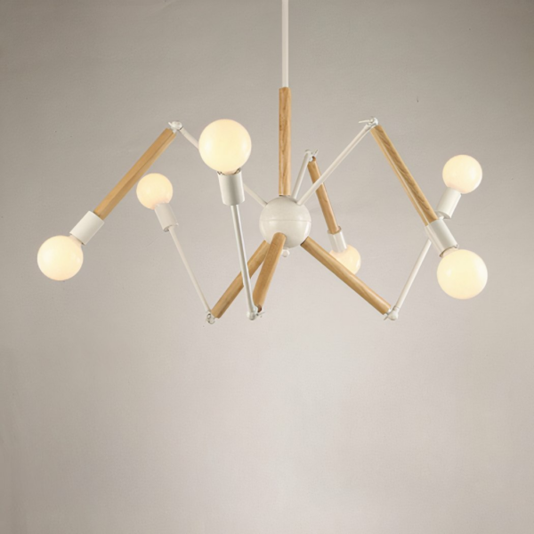 Retro industrial multi-headed spider chandelier Spider chandelier, made of white metal rods and wood, with a bulb at the end of each rod. Suspended, a white wall in the background.