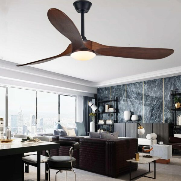 Vintage industrial wood ceiling fan chandelier with light in a modern kitchen