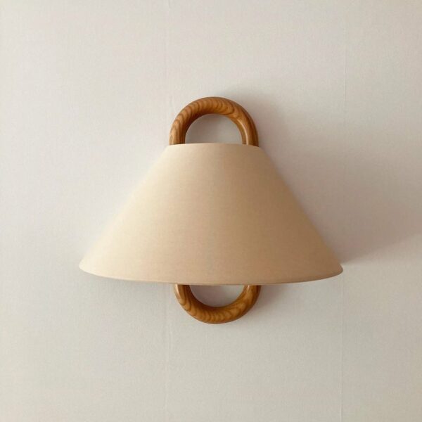 Vintage wood wall light with beige fabric shade