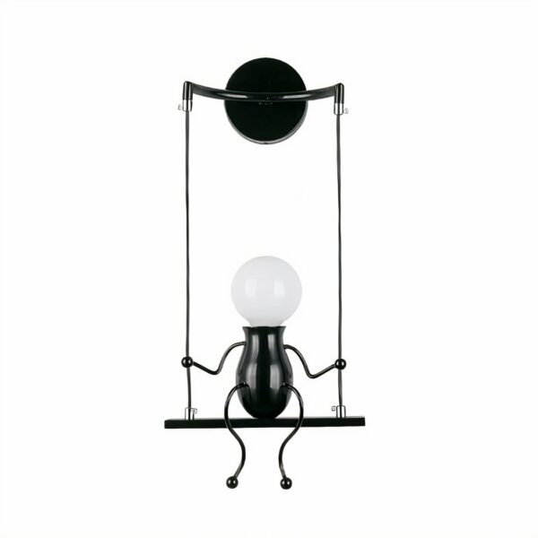 Modern wall light in the form of a figure sitting on a swing on a white background