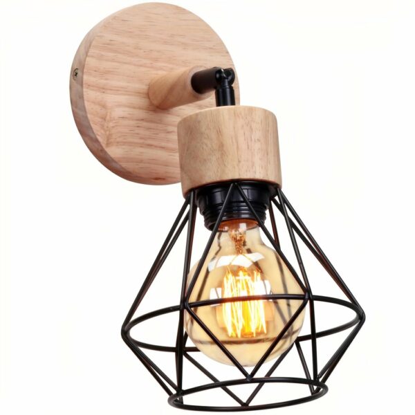 Wood and metal wall sconce, round base hung on the wall, with horizontal wood and metal axle, which bends down to hold a small wooden cylinder to which the screw thread for the bulb and the modern origami shade are fitted. White background.