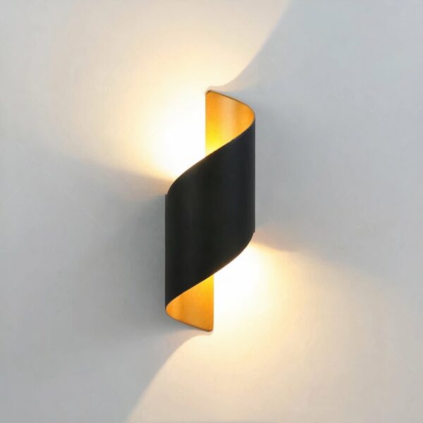 Modern, waterproof spiral-shaped LED wall light on grey background
