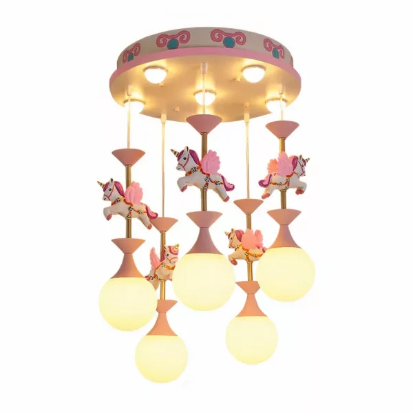 Unicorn carousel chandelier, pink and white. With 5 lit bulbs hanging below the unicorns. On a white background.