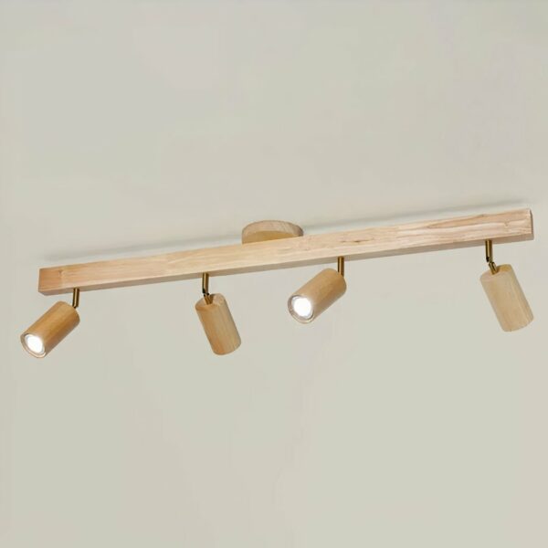 Bathroom chandelier in light wood with a large, slender rectangle as a base and 4 spaced, rotating spotlights. On a beige background.
