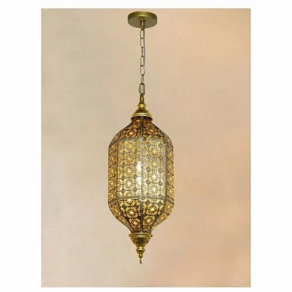 a luxurious Moroccan-style chandelier in annealed iron can be seen against a pale violet-pink background