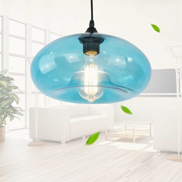 Blue blown-glass pendant lamp in a white living room with a creative retro design