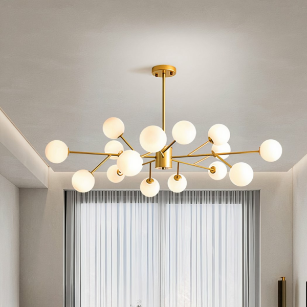 Modern fifteen-head gilded iron chandelier with curtains on a grey background