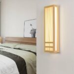Split image of the Japanese style wood wall light in a bedroom and in close-up