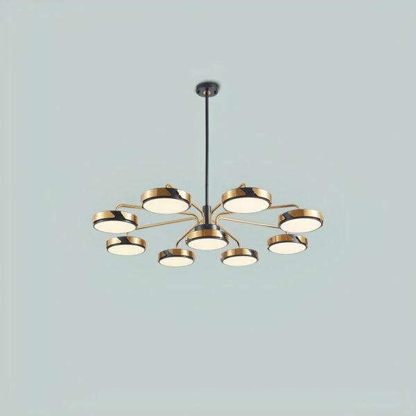 Suspended chandelier, with 9 light sources in the shape of a circle, one in the center and the other 8 distributed around it. The whole forms a kind of flower. On a pale green background.