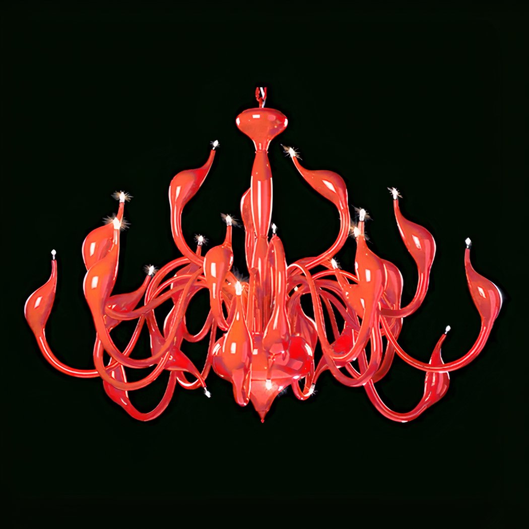 Red sculptural chandelier with curling wave shaped arms on a black background