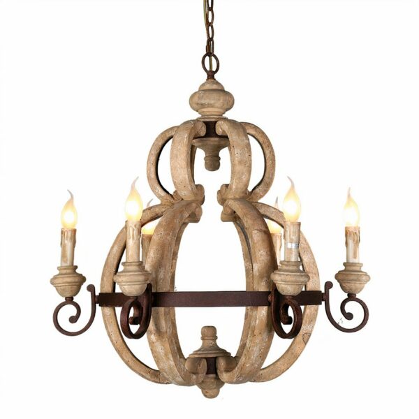 Rustic wood chandelier in traditional style on a white background