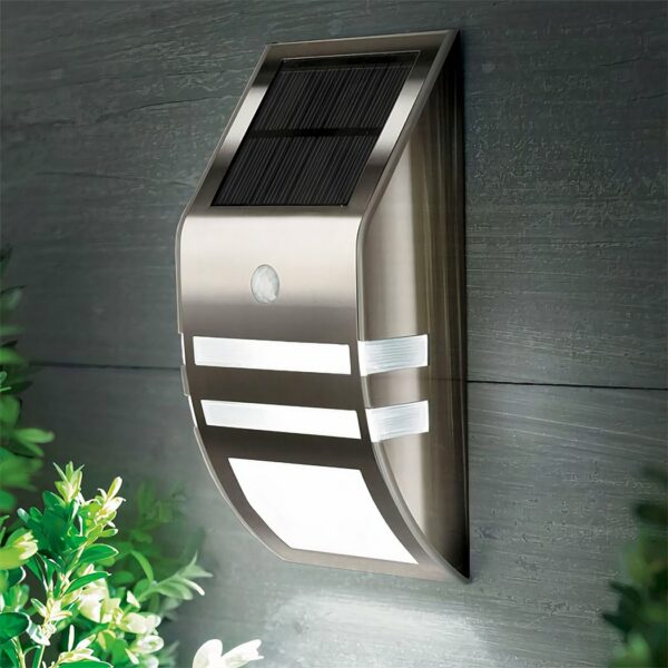 solar-powered stainless steel LED wall light with motion detector for garden walls
