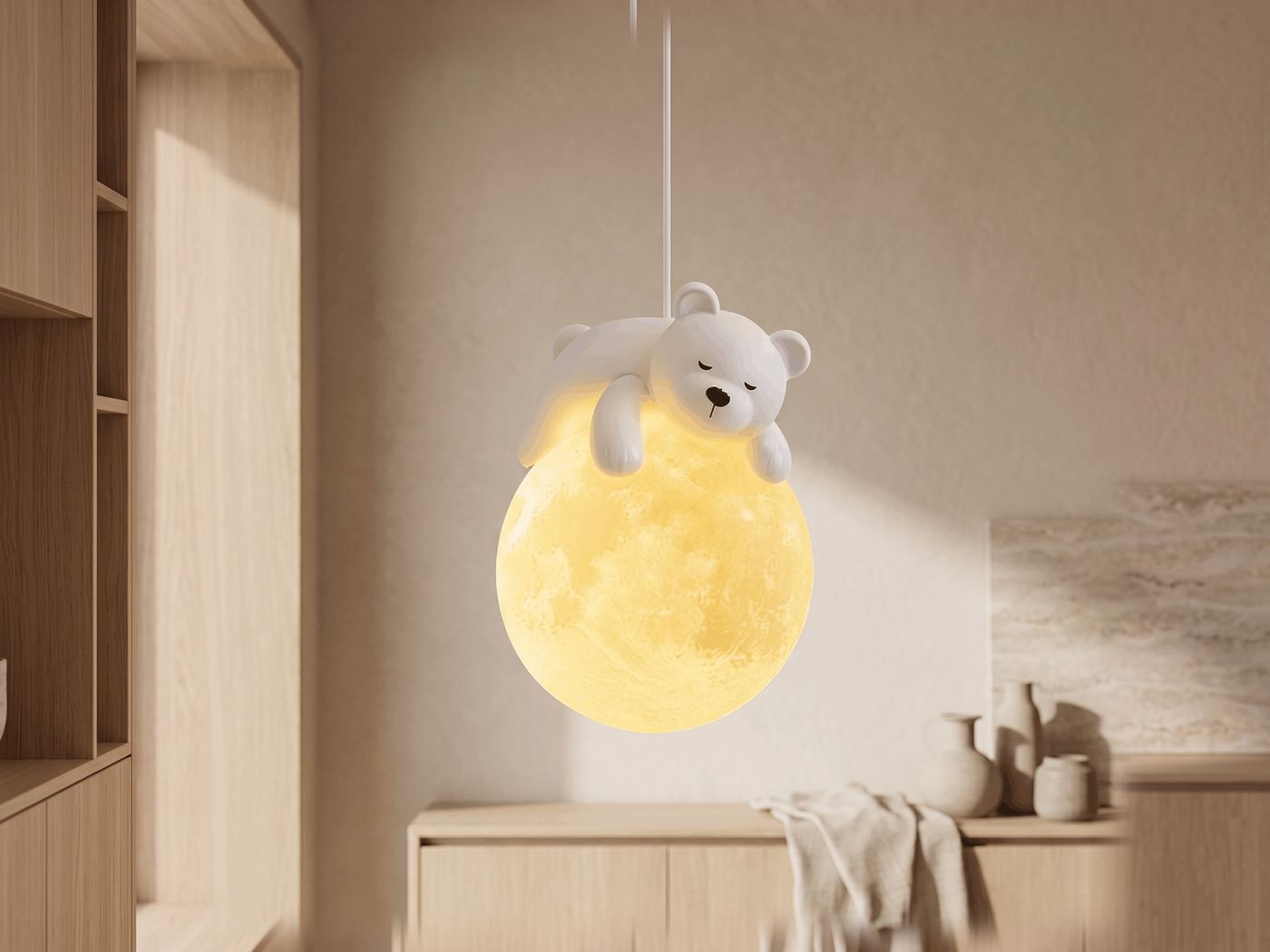 Modern, minimalist resin teddy bear LED chandelier on gray background