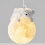 Modern, minimalist resin teddy bear LED chandelier on gray background