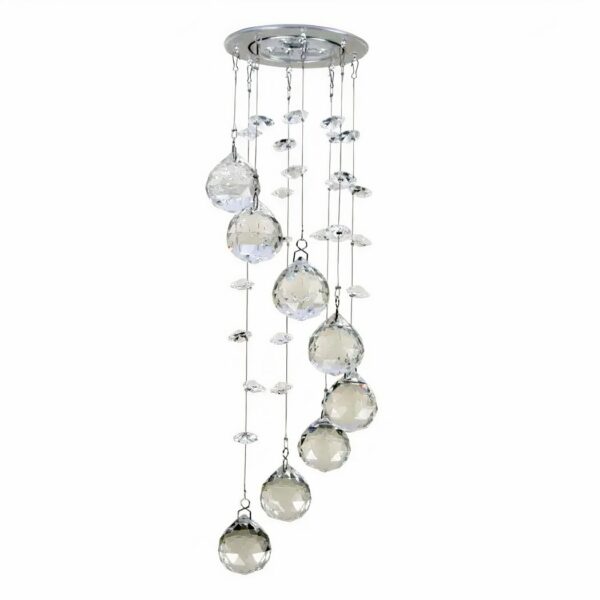Silver ceiling chandelier with transparent glass water droplets suspended by wires at different heights to create a spiral effect.