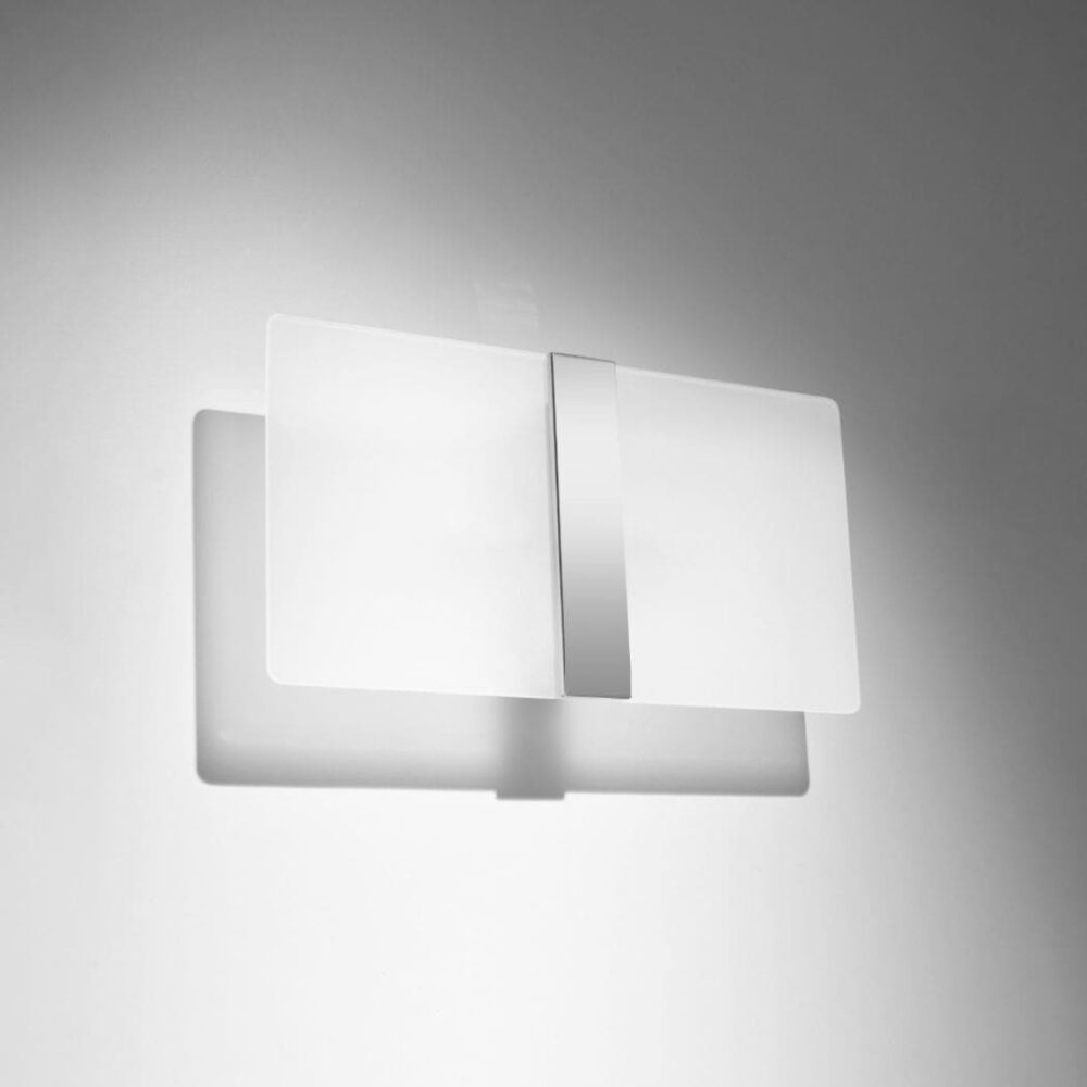 Rectangular designer wall light in glass and chromed steel