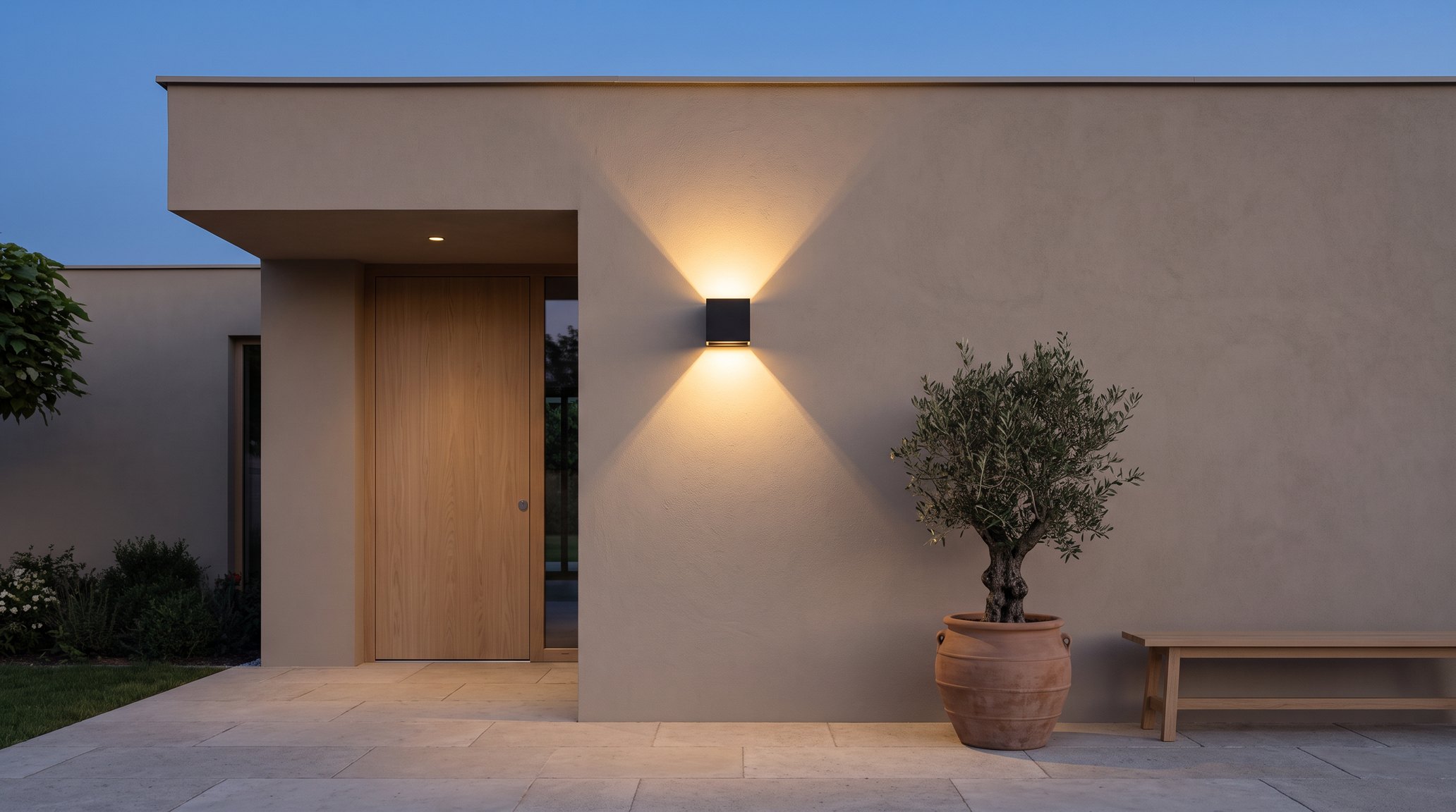 Black square up and down LED wall light lit on a rendered wall beside an oak front door, with an olive tree in a terracotta pot, at dusk