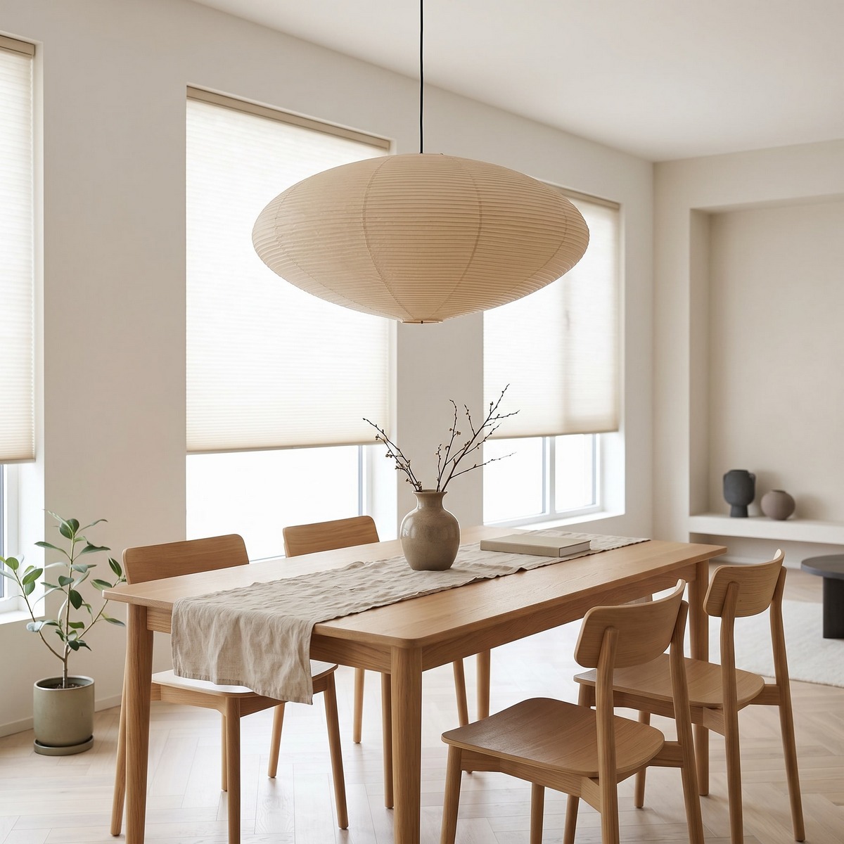 Elliptical rice-paper pendant light hanging above a rectangular dining table