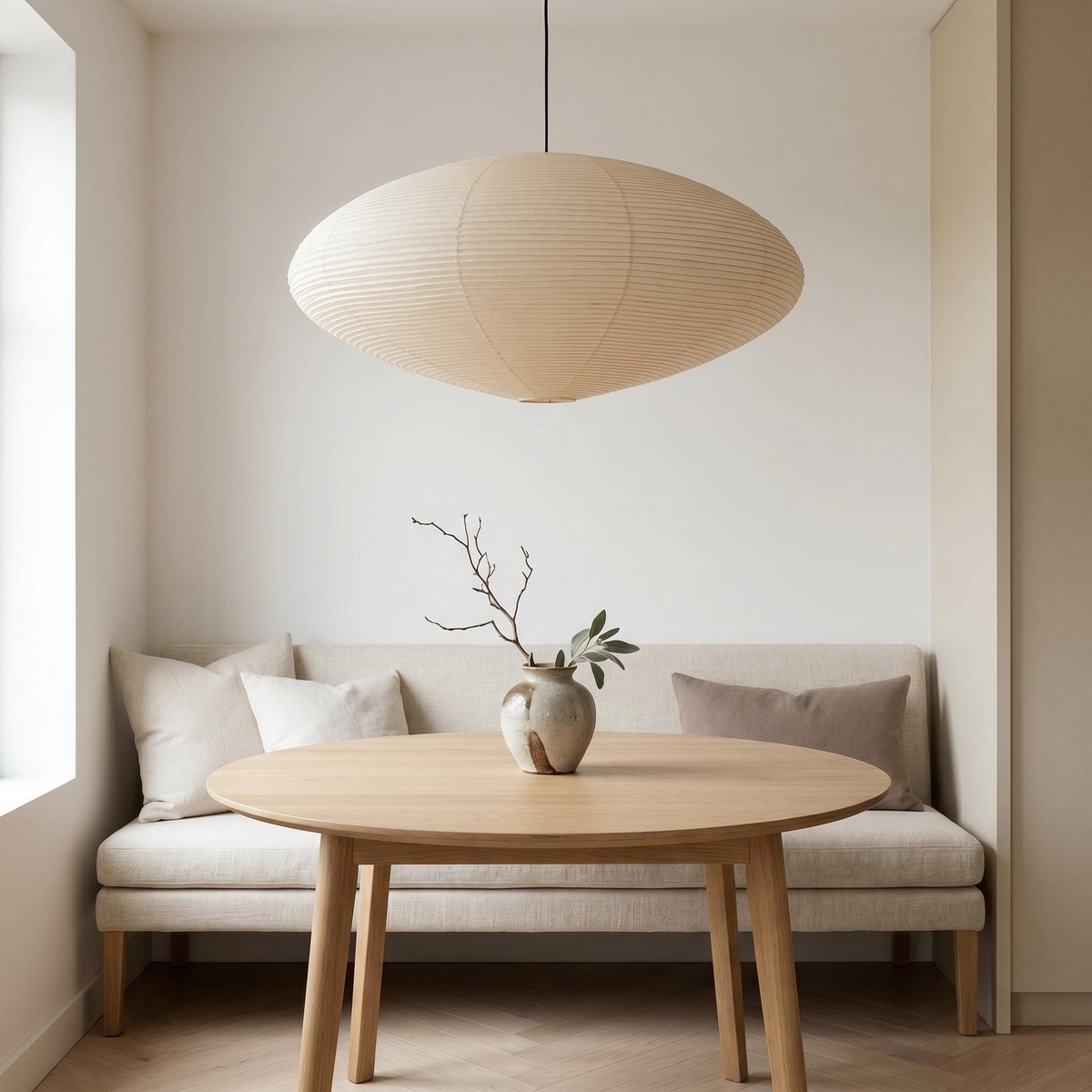 Elliptical rice-paper pendant light hanging above a round dining table nook