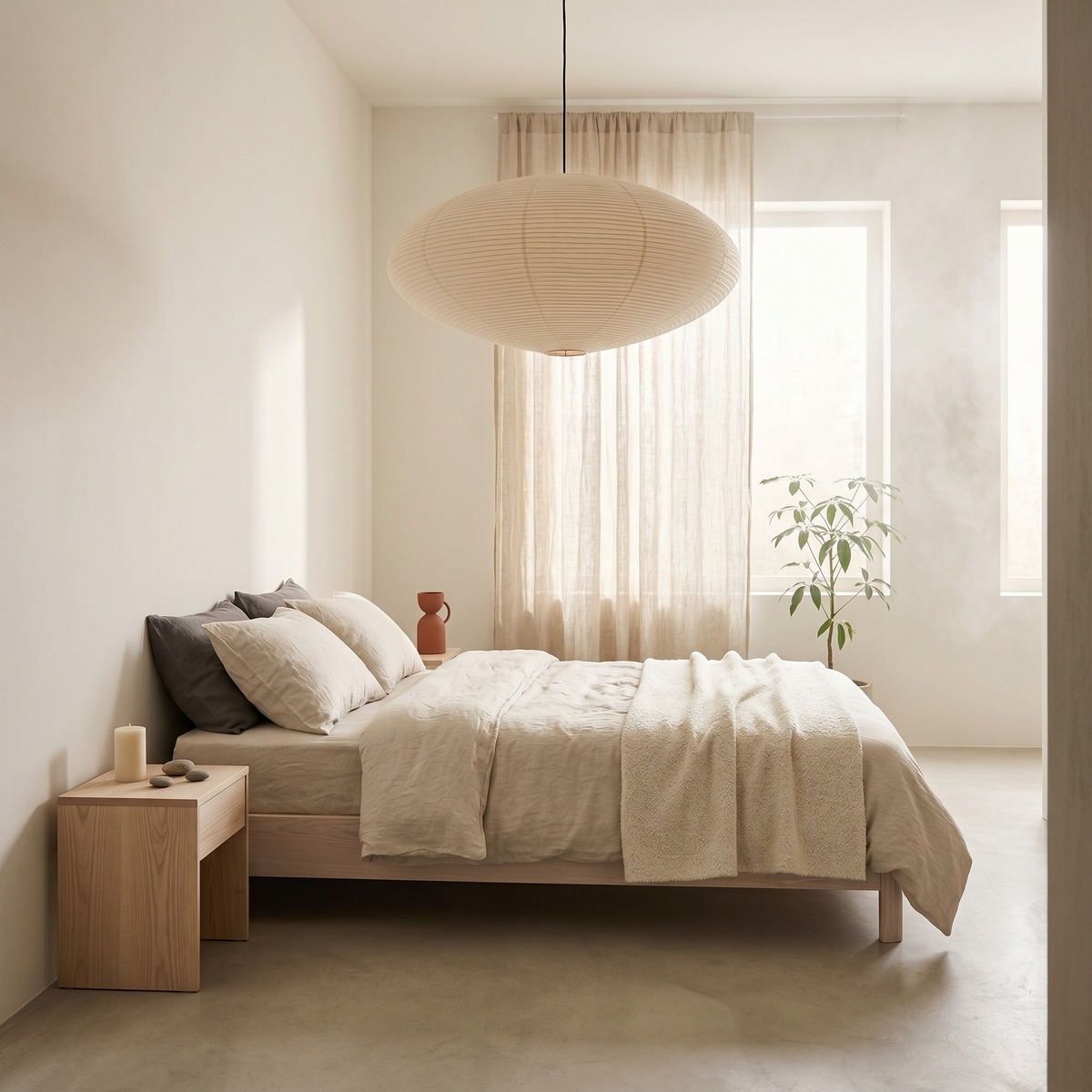 Large elliptical rice-paper pendant light hanging above a bed