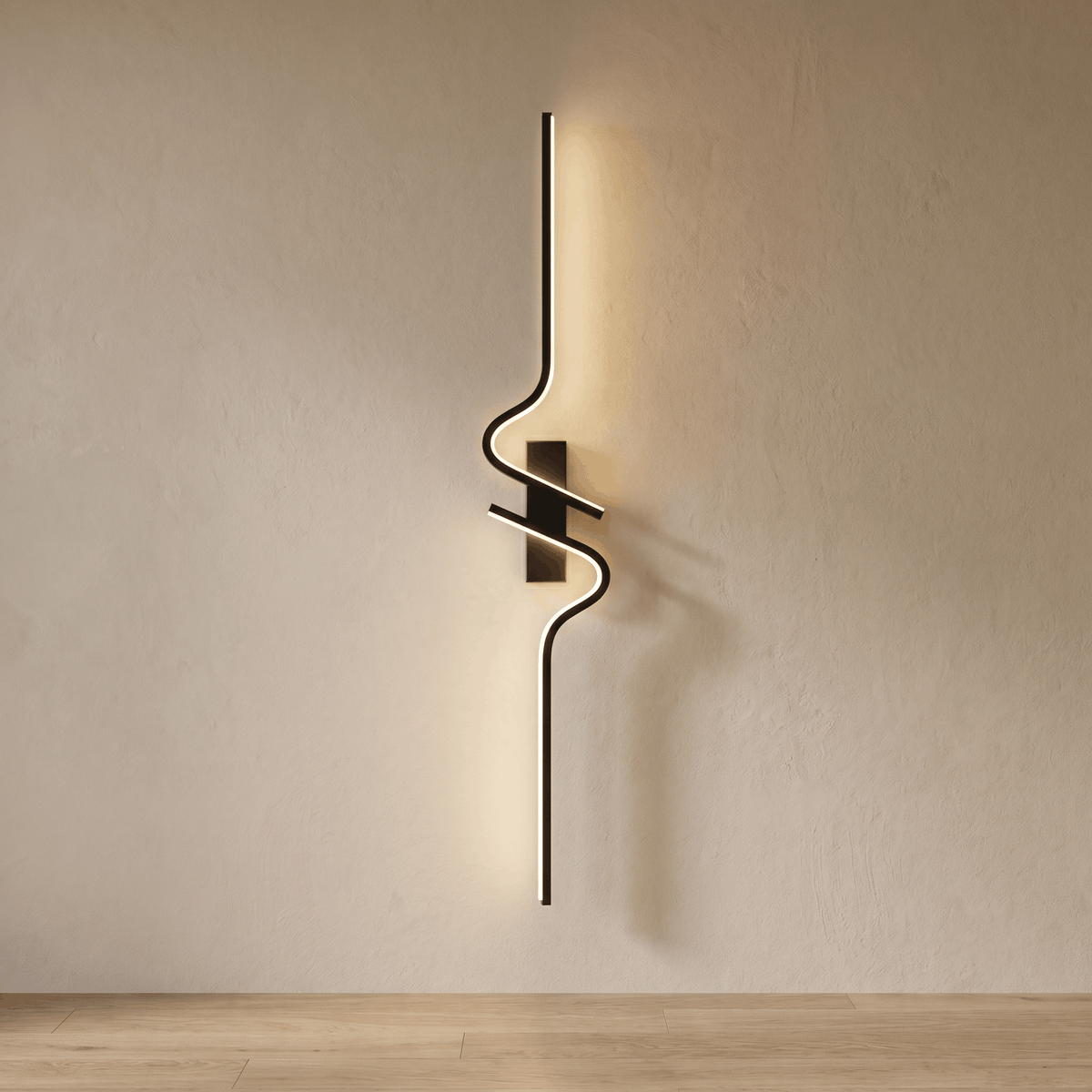 Black wavy LED wall light forming an S-curve against a plaster wall