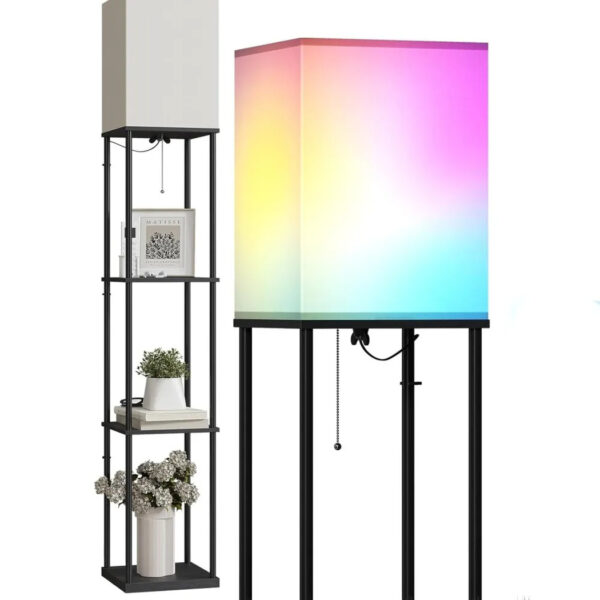 Corner shelf floor lamp with a colourful gradient square shade and display shelves