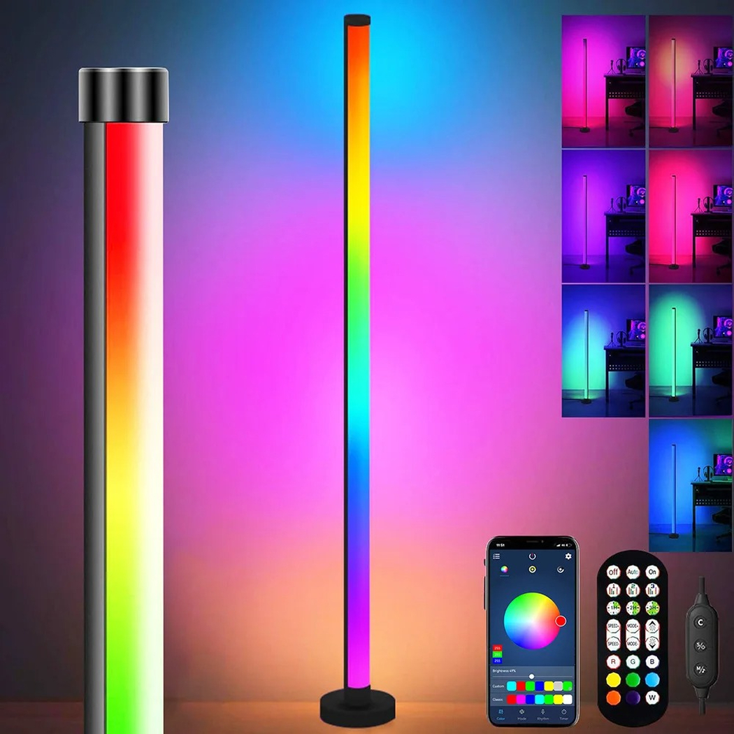 Rainbow LED floor lamp shown beside a smartphone app and remote, with color variant thumbnails