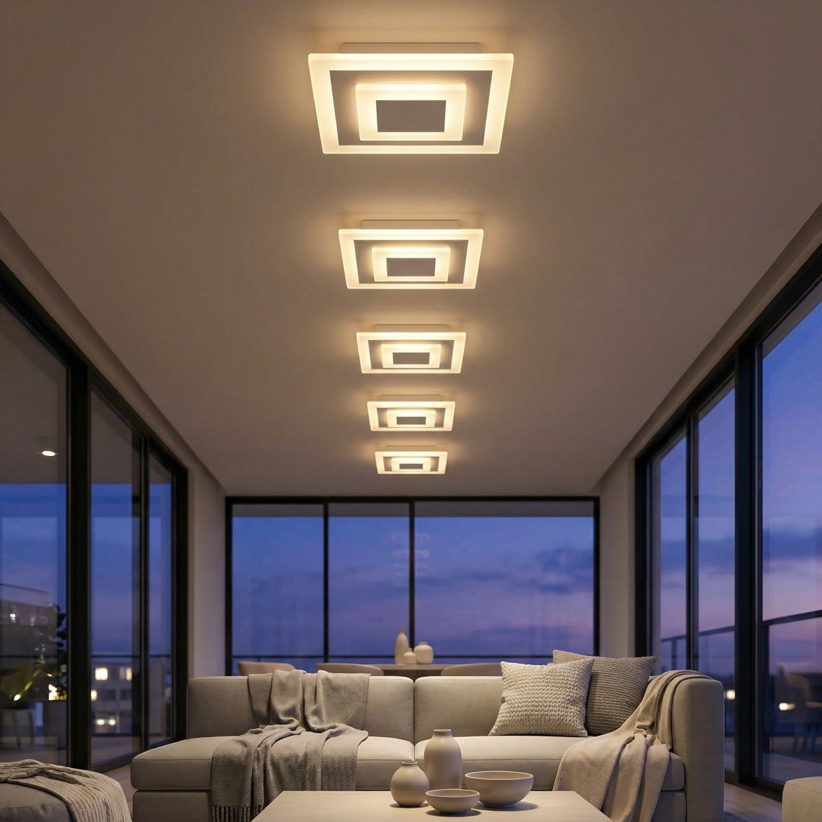 Several square layered-pattern LED ceiling lights along a sloped ceiling above a sofa