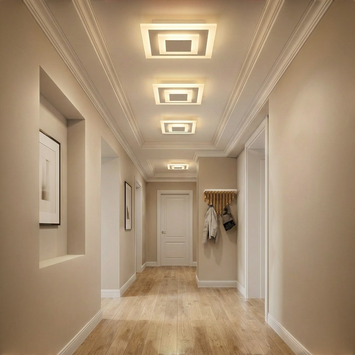 Several square layered-pattern LED ceiling lights in a hallway