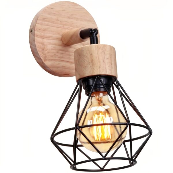 Wood and black wire cage wall light with a diamond shaped cage
