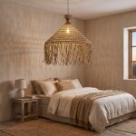 Braided rope chandelier switched on in a bedroom in natural tones