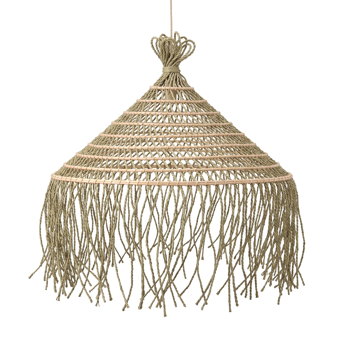 Braided natural rope chandelier with rattan rings and fringe on a white background Braided natural rope chandelier with rattan rings and fringe on a white background
