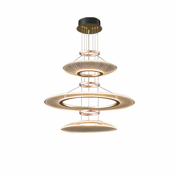 Layered gold LED chandelier with patterned round discs at staggered heights