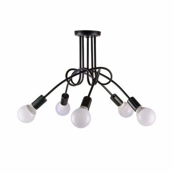 Black five-arm looping ceiling light with bare bulbs at each end