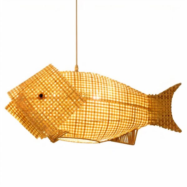 Fish-shaped bamboo pendant lantern with a woven checkered plaid pattern