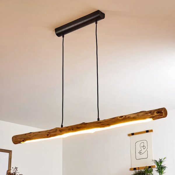 Driftwood log-shaped LED pendant light suspended on two cables