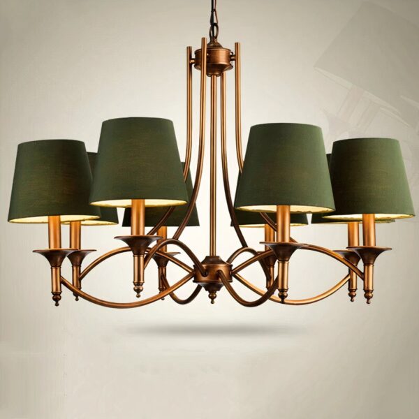 Bronze eight-arm chandelier fitted with green fabric shades