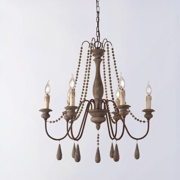 Grey vintage beaded chandelier with six candle-shaped bulbs