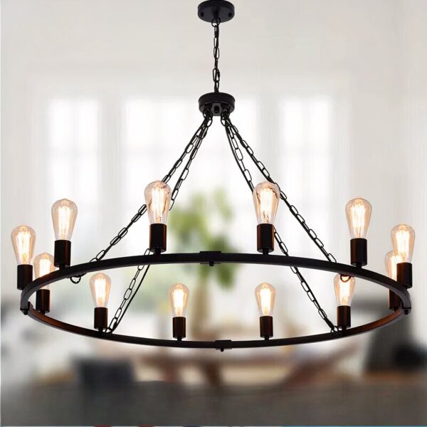 Round wagon-wheel style chandelier with bare bulbs on hanging chains