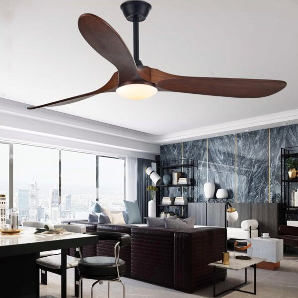 Wood-blade ceiling fan with a black motor housing and integrated light
