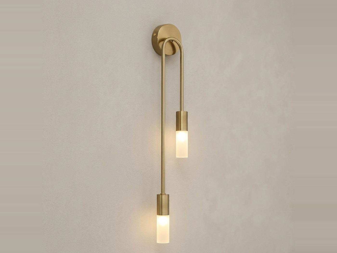 Two-arm black wall light with vertical tubes and glass diffusers above a bedside table